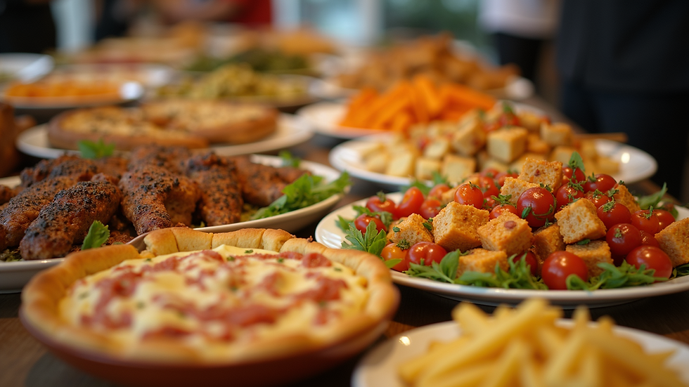 Close-up view of a colorful party buffet filled with various dishes