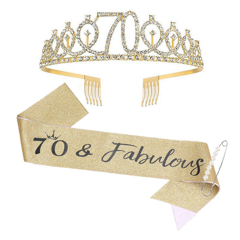 Gold Glitter Sash and Crown for 70th and Fabulous Birthday Party Decoration
