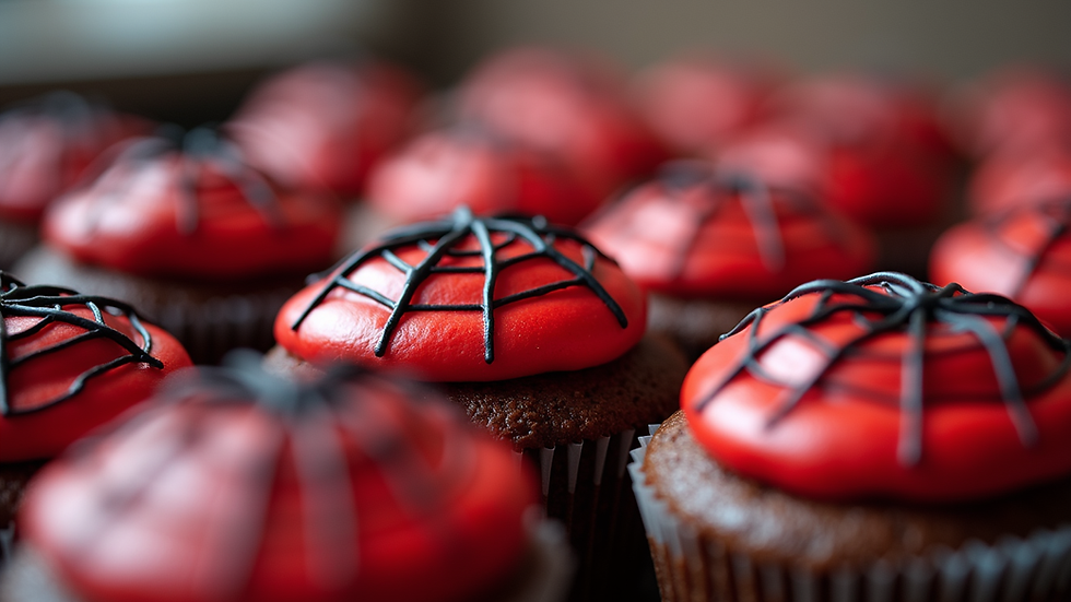 Close-up view of Spiderman-themed cupcakes with web icing