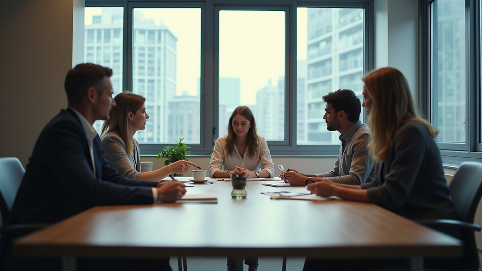 Eye-level view of a conference room with a team collaborating around a table