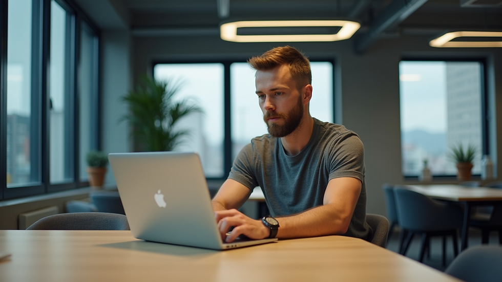 Eye-level view of a startup founder working on a laptop in a modern office