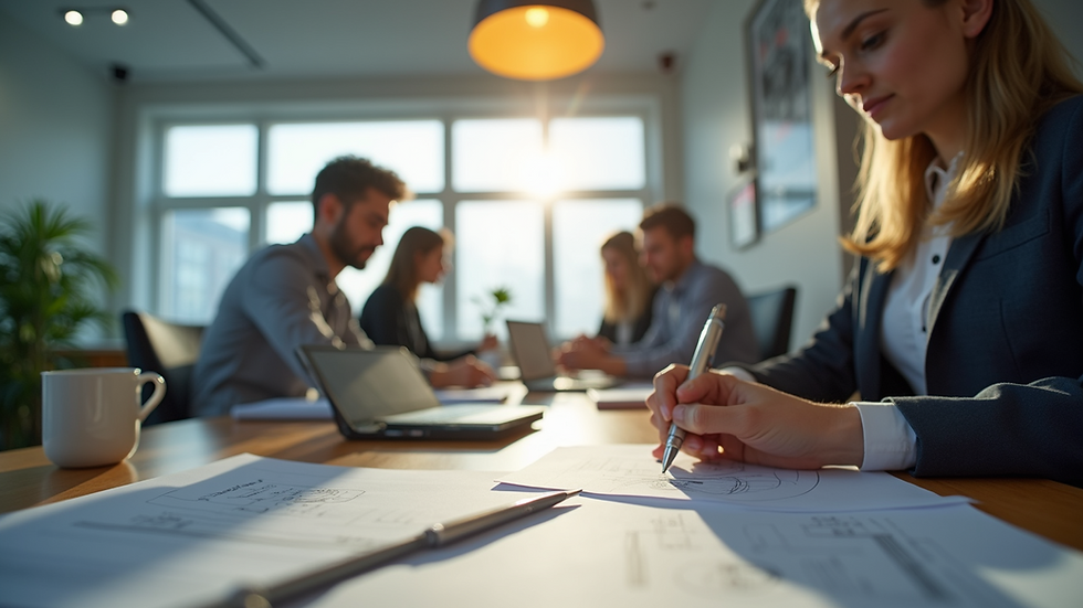 Eye-level view of an office workspace with teamwork essentials