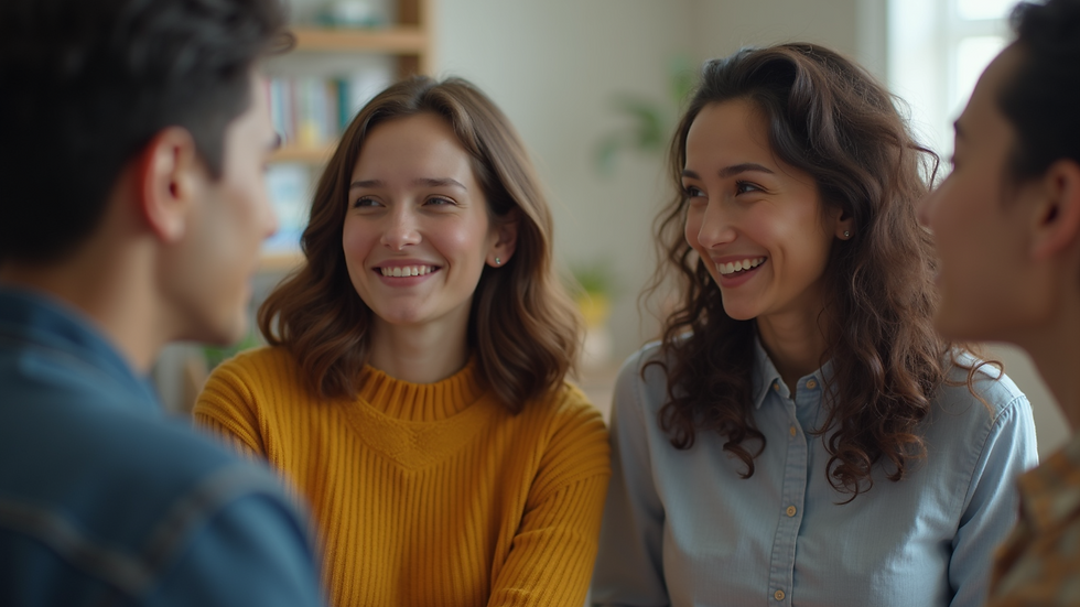 Close-up view of a group of diverse individuals sharing a positive conversation