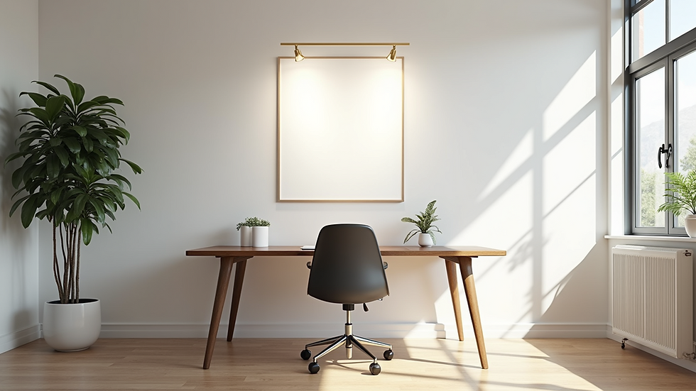 Wide angle view of a serene office space with a desk and a single chair