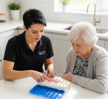 Carer assisting with medication support at home