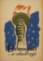 Poster for democracy showing the hand and torch of the Statue of Liberty