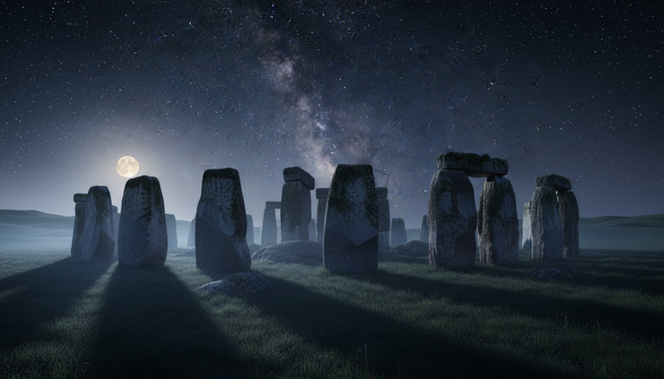 Wide-angle view of an ancient stone circle under a star-filled sky