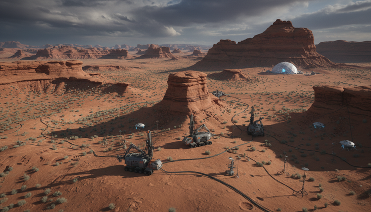 Aerial view of sandstone cliffs and red desert formations beneath clouds