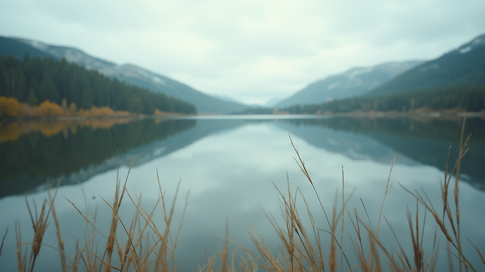 Close-up view of a serene landscape with a calm lake