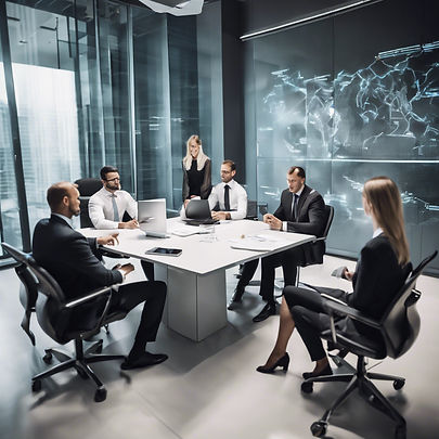 a group of security experts in business attire collaborates in a modern meeting room. they