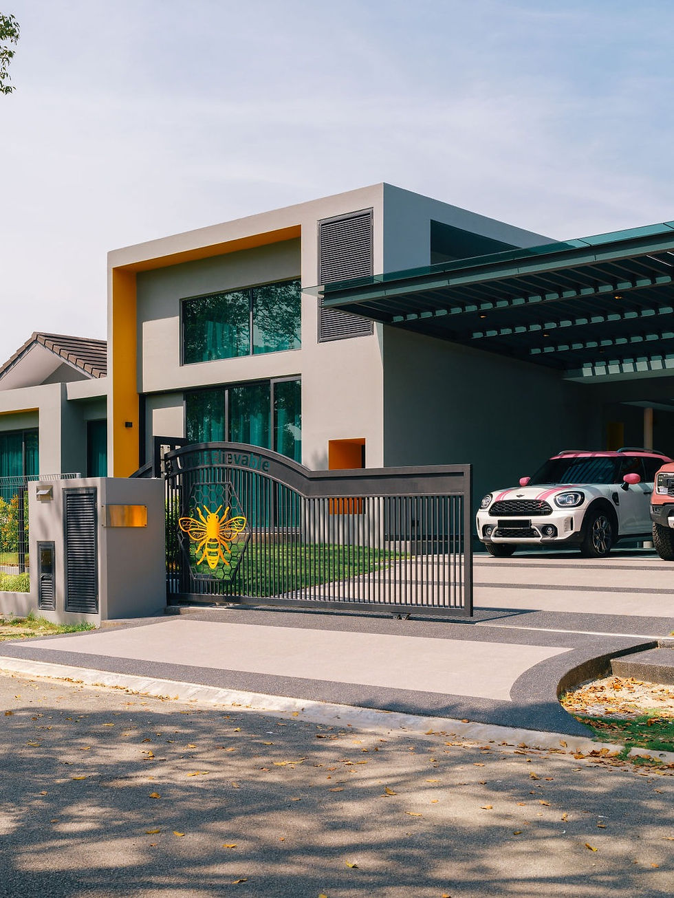 Front elevation of a modern luxury residence defined by clean rectilinear forms, muted neutral tones, and expansive glazing, complemented by a bespoke metal entrance gate featuring a distinctive bee emblem, symbolising identity and craftsmanship, with a covered car porch and refined architectural detailing suited for high-end Singapore landed homes.