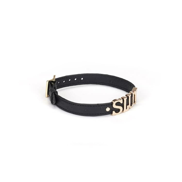 Demon's Kiss: Black Leather 'Slut' Choker with Ostrich Skin Pattern side view
