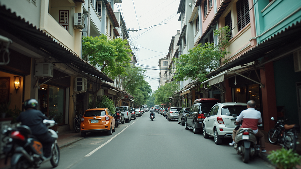 Wide angle view of a bustling Singapore neighborhood