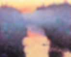 Purples and golds. Reflections on water at dawn. Painting of The Promise of Peace available as a print.