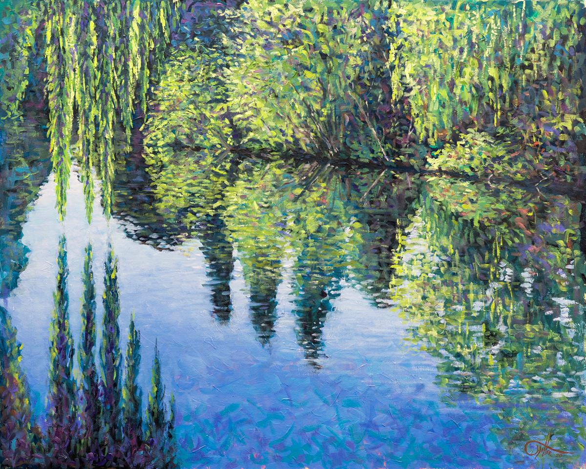 Riverside reflectrions. Green and bluie sky. Painting of Dragonflies and Damsels available as a print.
