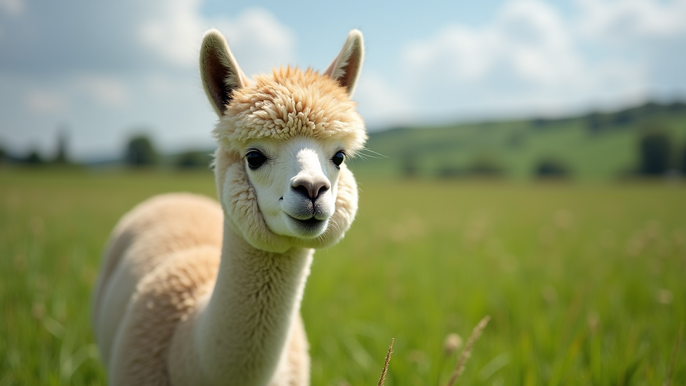 Eye-level view of a fluffy alpaca standing in a green field
