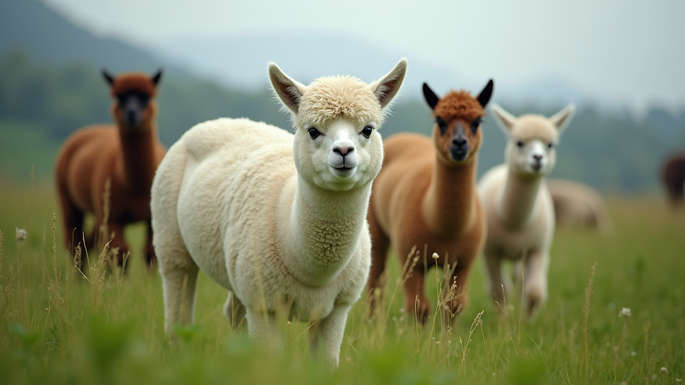 Eye-level view of a group of alpacas grazing in a green field