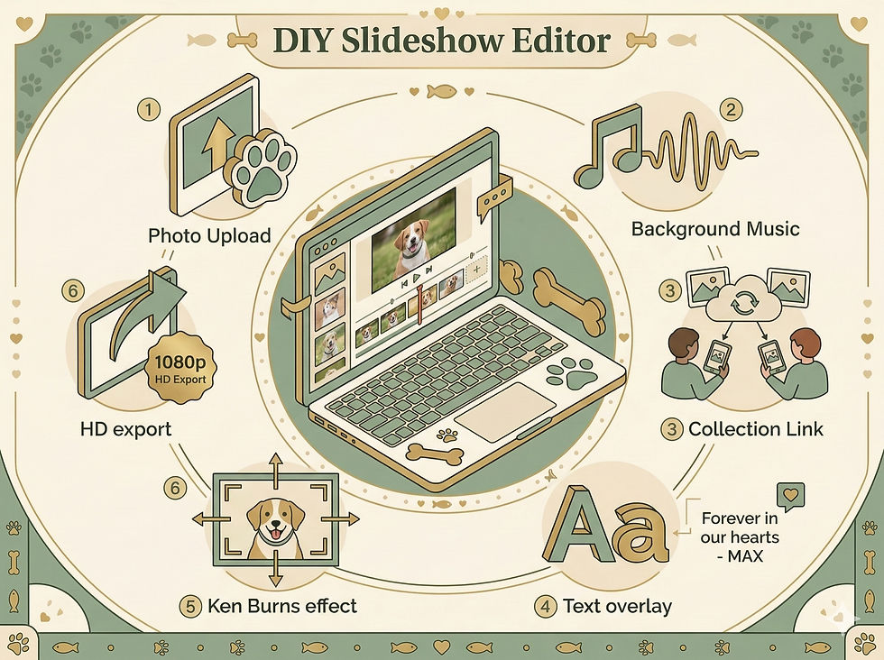 DIY Slideshow Editor features for creating pet memorial videos including photo upload, music, and Collection Link