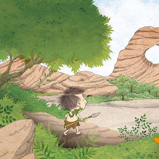 Menino pré-histórico caminhando na mata