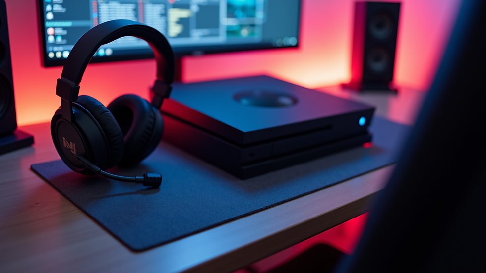 High angle view of a gaming setup with a console, controller, and headset
