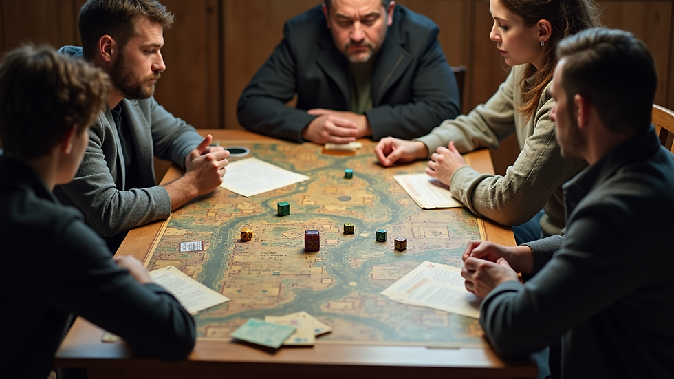 High angle view of a group playing a tabletop RPG with character sheets and dice