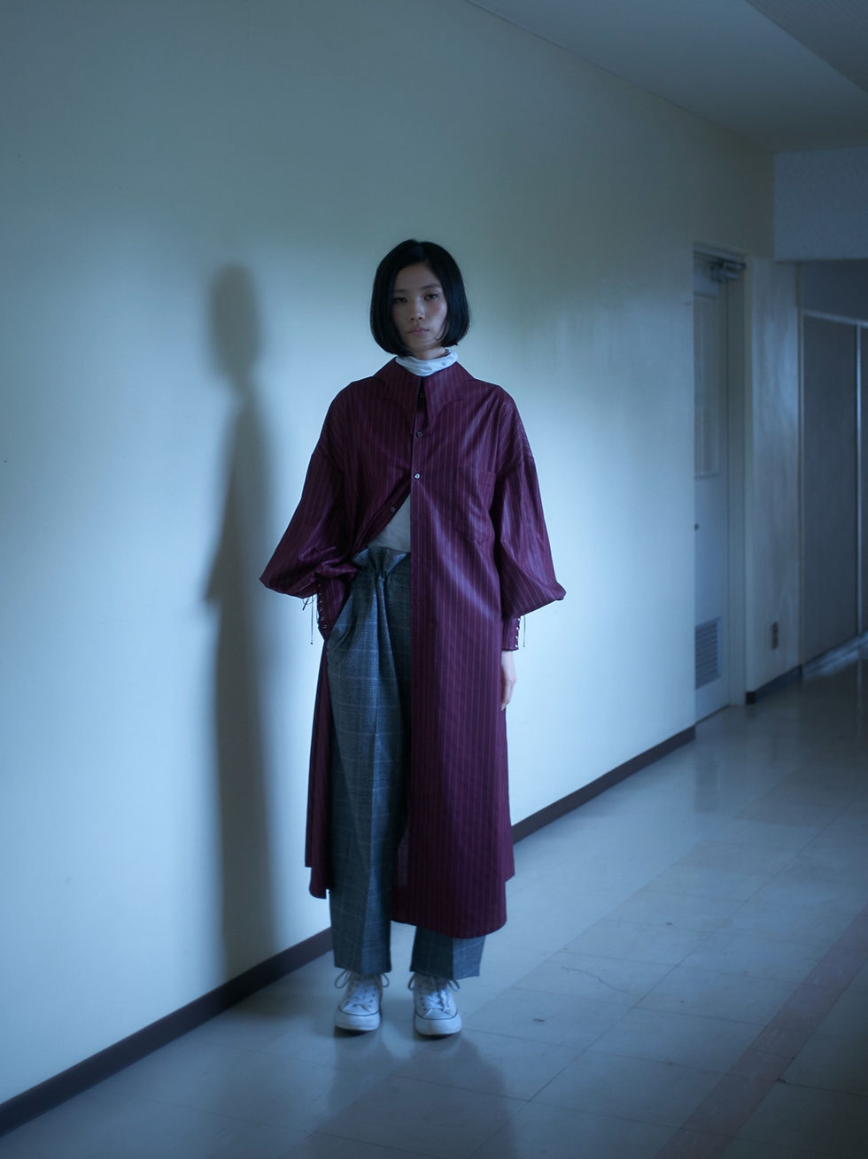 サムネイル： Bat collar shirt dress Burgundy strips