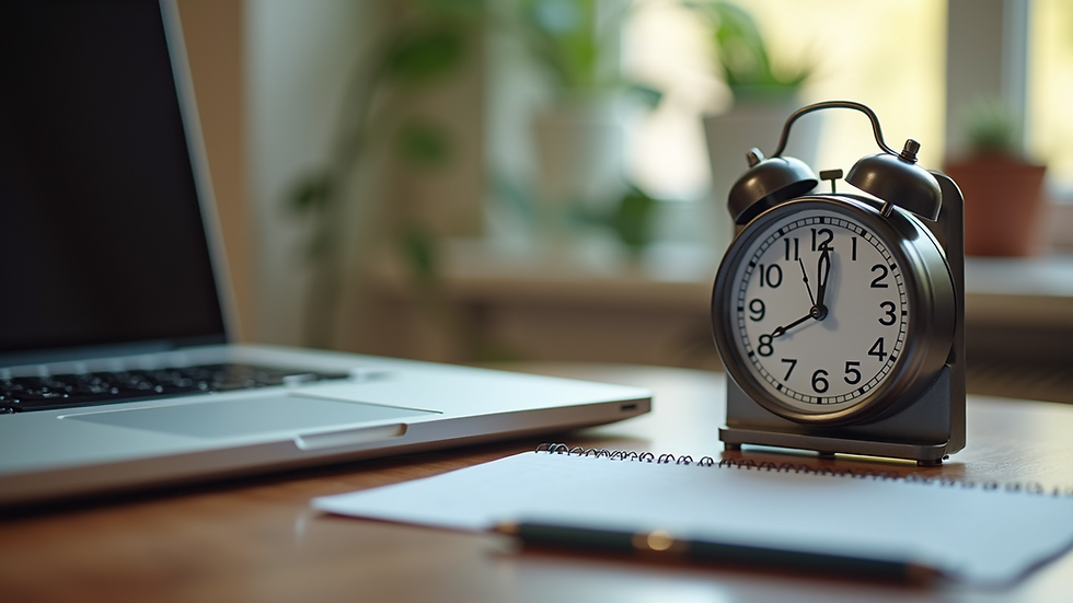 Close-up of a clock and calendar on a desk