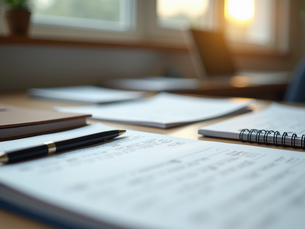 Eye-level view of a student desk with neatly arranged practice papers and study materials