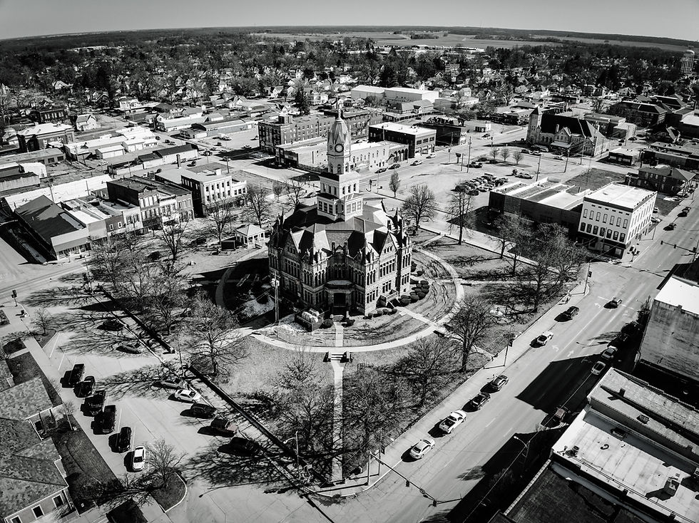 Aerial drone photography of a historic city square and courthouse