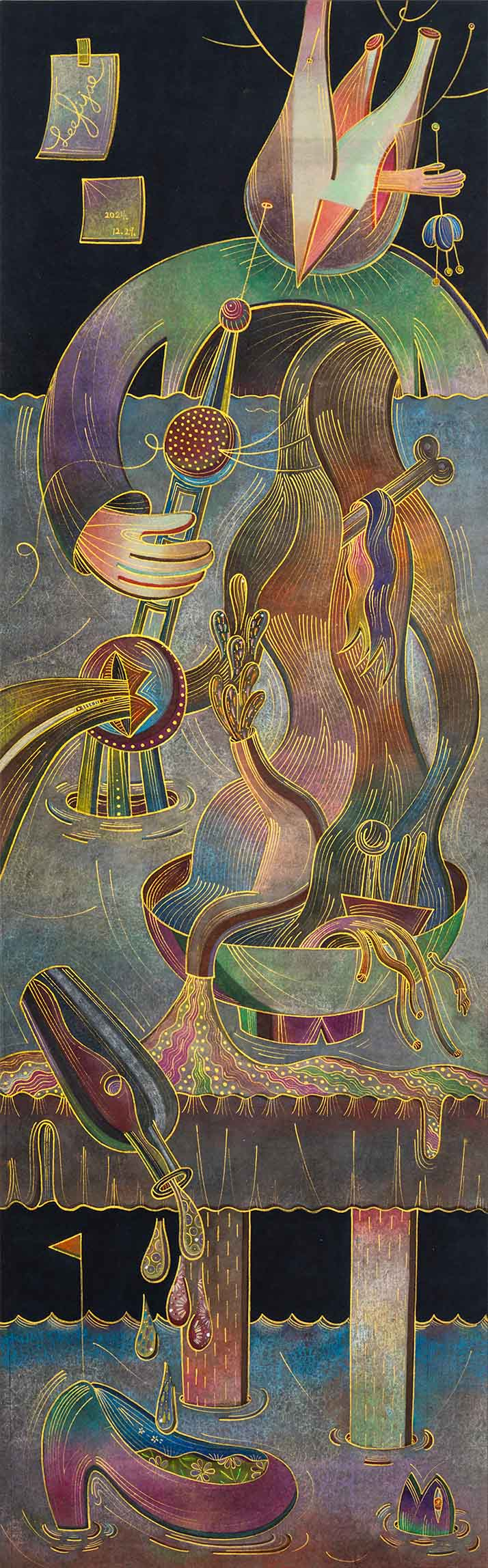 국수 구토 구멍, 2025, 장지에 먹, 색연필, 금분, 아크릴, 수채, 191 x 61cm