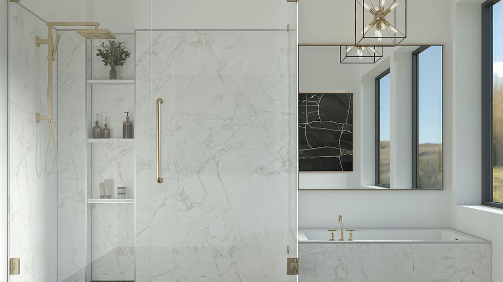 Eye-level view of an elegant quartz shower with sleek wall panels