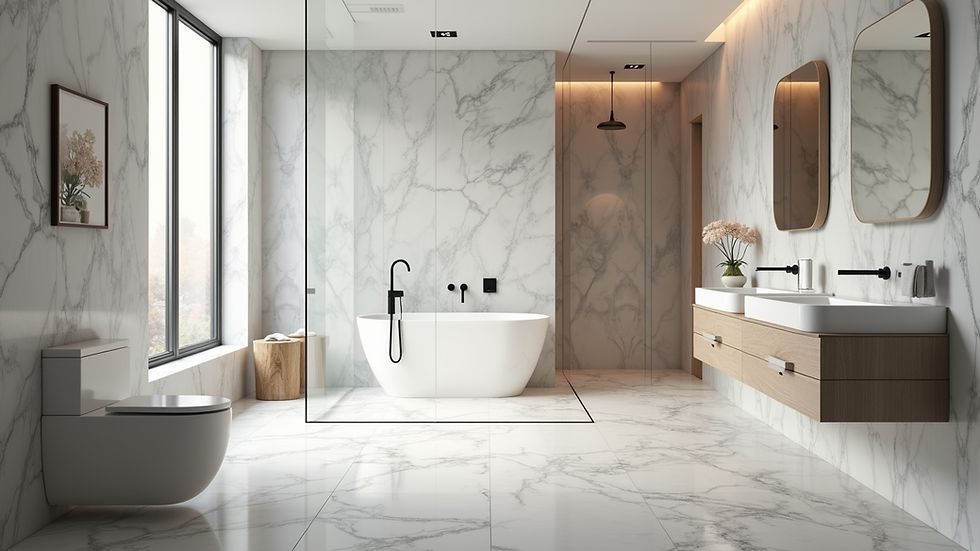 High-angle view of a modern bathroom featuring marble flooring and walls