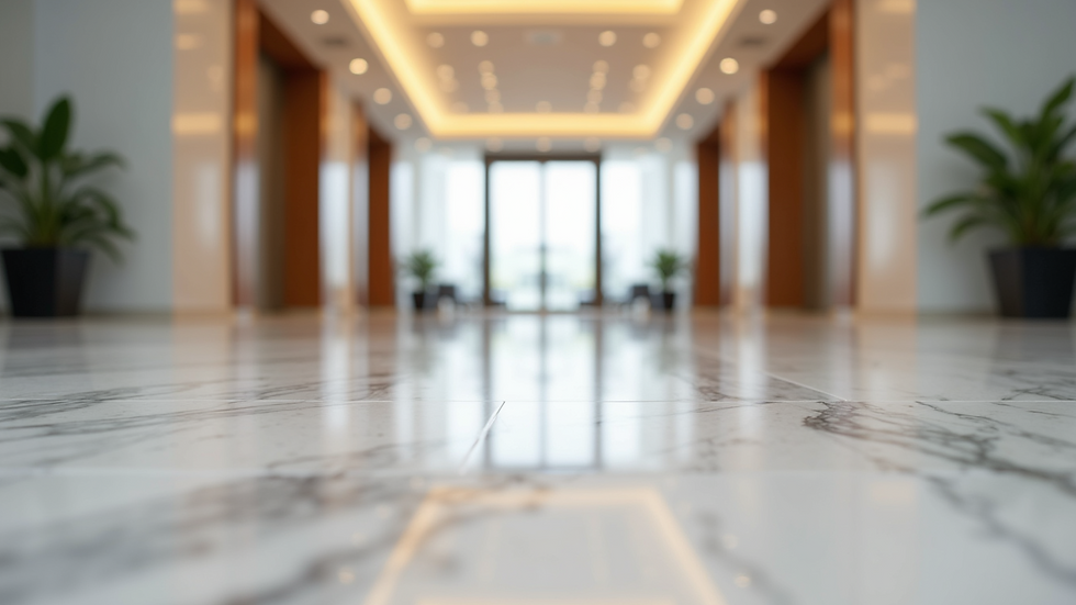 Eye-level view of marble flooring in a modern commercial lobby