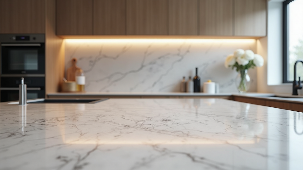 Eye-level view of a modern kitchen featuring quartz countertops from MARVEL SURFACES