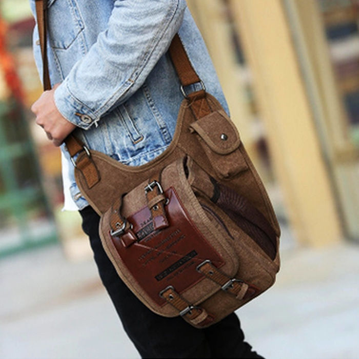 Tas selempang kanvas pria Gecko - Cokelat Tua dan Hitam