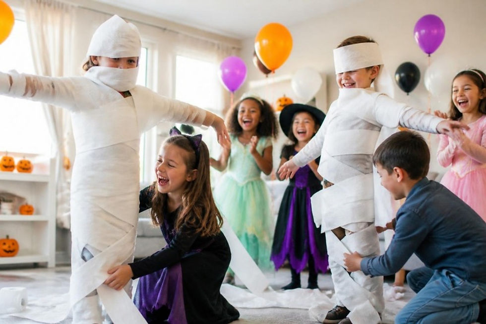 Giggling kids playing a mummy wrap race with toilet paper at a Halloween party