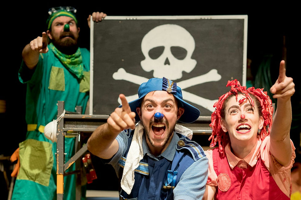 Performers in Yellow Bird Chase use colorful props and physical comedy at Segerstrom Center