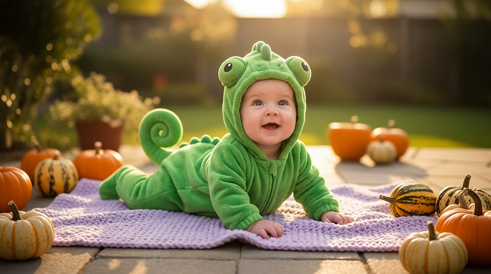 Baby in a bright green chameleon costume with a curly tail lying on a lavender blanket