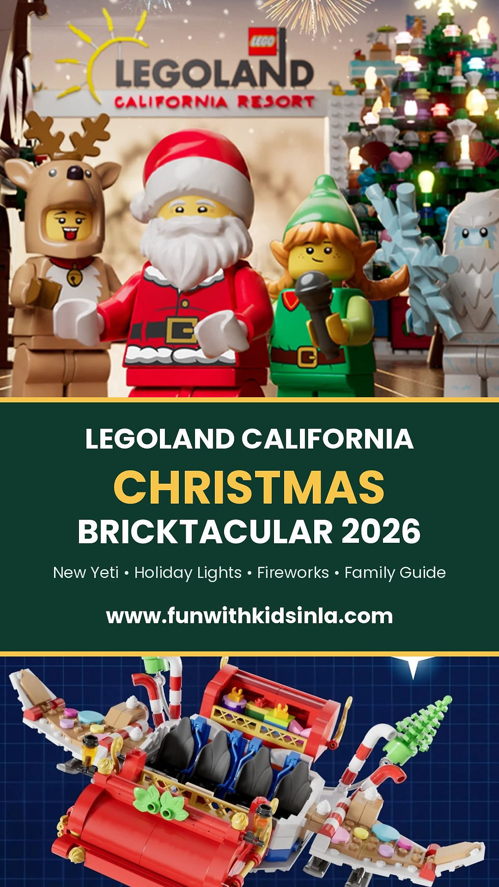 Pinterest graphic: LEGOLAND Christmas Bricktacular 2026 family guide from FUN WITH KIDS IN LA