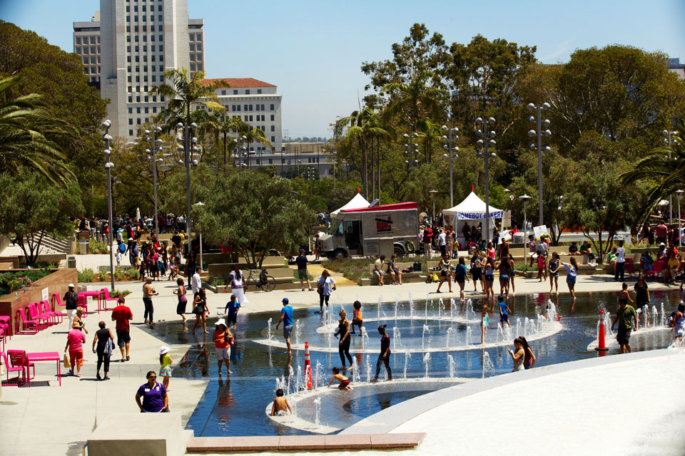 Families enjoying the splash pad and community activity area at Grand Park in Downtown Los Angeles
