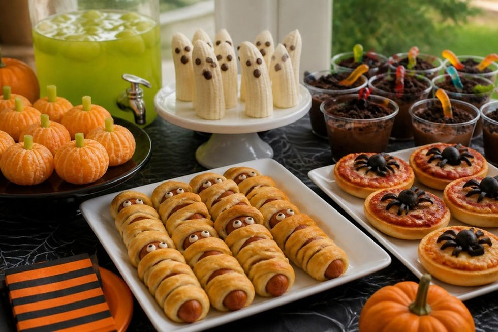 Kids Halloween party food table with mummy hot dogs, clementine pumpkins, banana ghosts, spider pizzas and pudding graveyard cups