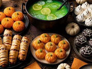 Kids Halloween party food table with mummy hot dogs, pumpkin cheese bites, green witches' brew punch, ghost meringues and spiderweb cupcakes