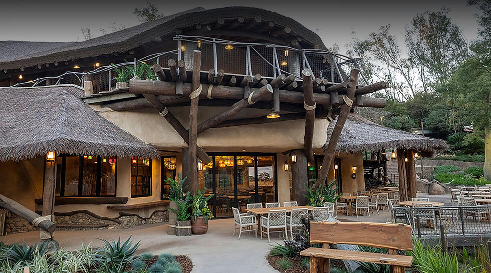 Outdoor patio tables at Mkutano House restaurant in Elephant Valley at the San Diego Zoo Safari Park