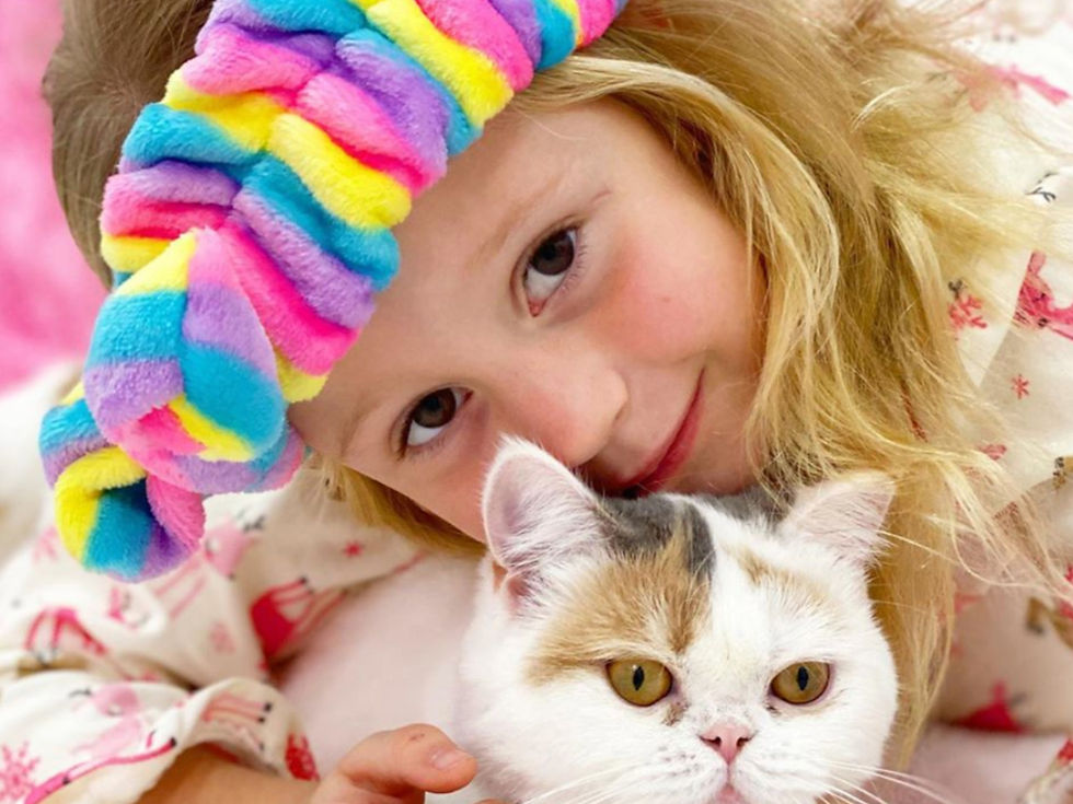 Like Nastya smiling with a cat in a colorful room