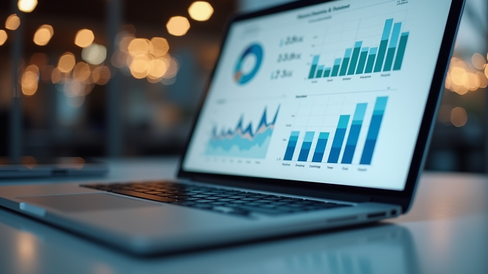 Eye-level view of a laptop screen showing a digital marketing dashboard with charts and graphs