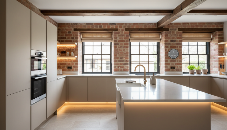 Wide-angle view of a renovated kitchen in an older house with modern windows, warm lighting and automatic shading.