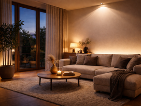 Modernes Wohnzimmer am Abend mit automatisch gedimmter, warmer Beleuchtung – ruhige Lichtstimmung ohne sichtbare Bedienelemente oder Sprachassistenten.