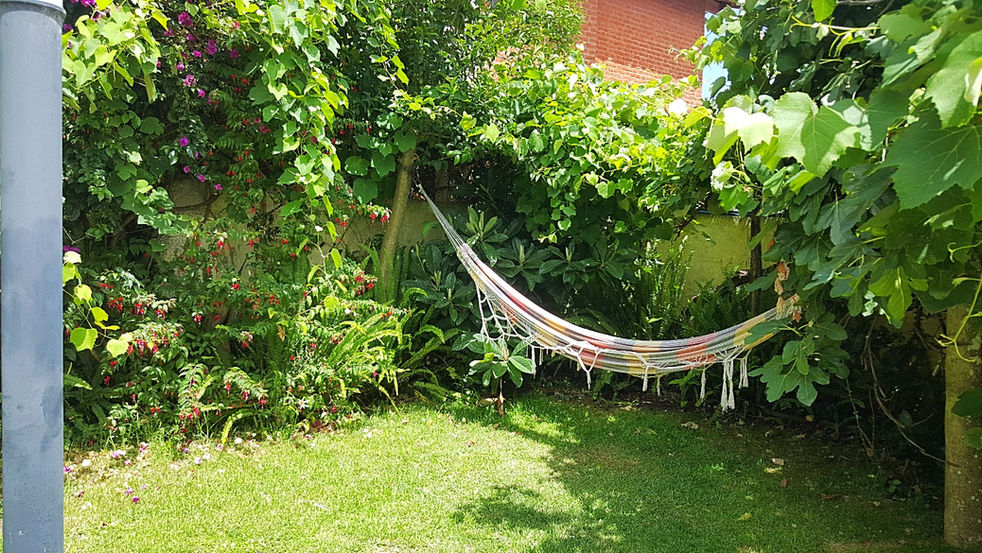 Hamaca paraguaya bajo la vid en Hotel Riviera de Villa Gesell