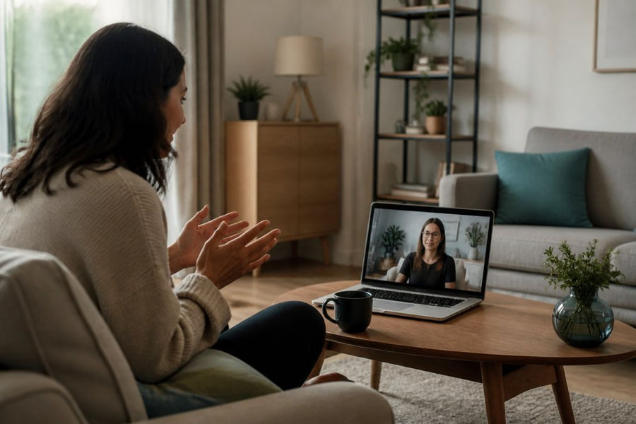A person sitting comfortably on a couch at home with a laptop open on a coffee table, speaking with a counsellor visible on the screen, soft natural light in a calm living room
