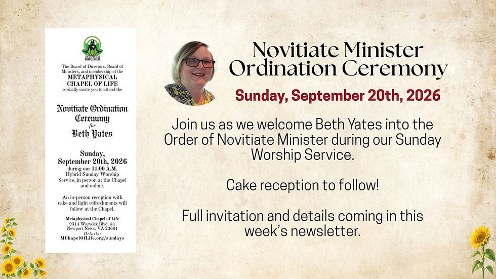 rectangular parchment paper with image of Beth Yates, and "Novitiate Minister Ordination Ceremony, Sunday September 20th, 2026 - and event details.
